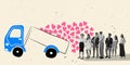 Group of young happy people standing near lorry with drawn hearts. Creative design for greeting card for Valentine's