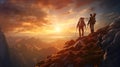 Group of young hikers with backpacks walks with backpacks and helps each other in climbing in sunset mountains Royalty Free Stock Photo