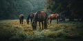 Group of young horses grazing in a field . Concept Animals, Nature, Horses, Grazing, Field Royalty Free Stock Photo