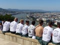 Group of young men in front of the panorama of Budapest in Hungary. Royalty Free Stock Photo