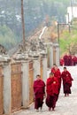 Group of young monks walking down a stone path next to a fence in lama China Qinghai Ta'er
