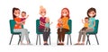 Group of young mothers with children are sitting on chairs. Courses postpartum depression. Vector illustration