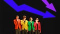 Group of young office people in bright colored jackets looking at regress arrow which going down, symbolizing financial