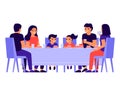 Group of young people and children are sitting together at table, talking and eating. Happy friends celebrate holiday Royalty Free Stock Photo