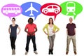 Group of young people choosing bus, train, car or plane