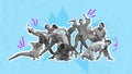 Group of young people, dancers performing contemp, modern style dance over blue background. Contemporary art collage. Royalty Free Stock Photo