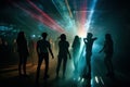 A group of young people dancing in a foggy and atmospheric club setting, surrounded by colorful lights and laser beams. Generative