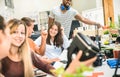 Group of young people employee workers having fun with vr virtual goggles Royalty Free Stock Photo