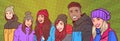 Group Of Young People Happy Smiling Mix Race In Winter Clothes Over Colorful Retro Style Background Horizontal
