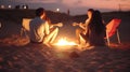 Group of young people having fun sitting near bonfire on a beach at night playing guitar. Generative AI Royalty Free Stock Photo