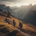A group of young people hiking through a majestic mountain range , with backpacks, camping gear and water bottles. Concept of