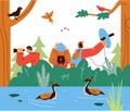 Group of young people observing exotic birds in the forest, flat vector illustration.