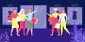 Group young people in shop, sale vector illustration. Woman walk store with bag. Girl in shopping center with purchase Royalty Free Stock Photo