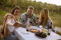 Group of young people sitting by the table and drinking red wine in the vineyard Royalty Free Stock Photo