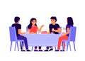 Group of young people are sitting together at table, talking and eating. Happy friends celebrate holiday and eat cake Royalty Free Stock Photo