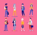 Group of young people, standing together,in different poses. Students, schoolchildren illustration in cartoon style. Royalty Free Stock Photo