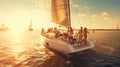 A group of young people on vacation ride a luxury yacht under sail in the sunset Royalty Free Stock Photo