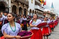 Group of young pretty women folk dancers of Azuay province, Ecuador