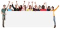 Group of young smiling multi ethnic people holding empty banner