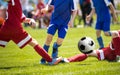 A group of young soccer players runnng the ball. Footballer dribbling drills and tackle attempt