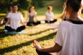 Group of young sporty woman practicing yoga lesson with instructor Royalty Free Stock Photo