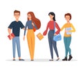 Group of young students holding bags and books. Vector character illustration in a cartoon style on a white background