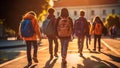 A group of young students walking on the street to the school. Generative AI Royalty Free Stock Photo