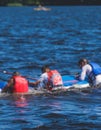 Group of young sup surfers fall from SUP stand up paddle board, women drowning, concept of fail solving problems, team work and Royalty Free Stock Photo