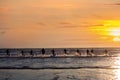 Group of young surfers on the beach, surfing