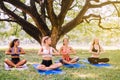 Group of young teen practicing and doing yoga sitting at outdoor in the morning,Positive thinking,Happy and smiling,Healthy and li Royalty Free Stock Photo