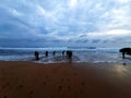 A group of young teenager enjoying smooth waves on a sand beach at Kosakora