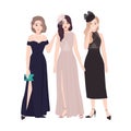 Group of young women in elegant evening dresses standing together and talking or gossiping at party or prom ball