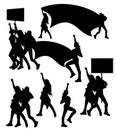 Young women protestors black and white vector silhouette set