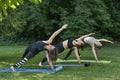 Group of young women practice yoga in the morning in the park. Girls do gymnastics outside Royalty Free Stock Photo