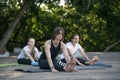 Group of young women practice yoga in the park. Morning yoga practice. Stretching. Outdoor fitness Royalty Free Stock Photo