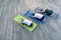 Group of young women is practicing yoga outdoors. Balasans. Yoga child pose. Top view Royalty Free Stock Photo