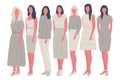 Group of young women. Seven different female images: clothing style, shoes, hairstyles