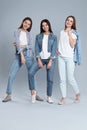 Group of young women in stylish jeans on grey Royalty Free Stock Photo
