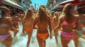 Group of young women in swimsuits run at city, Blurred motion