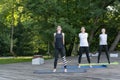 Group of young women train in the park. Girls are engaged in fitness outdoors. Group yoga practice outside Royalty Free Stock Photo