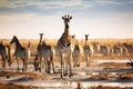 Group of zebras in Etosha National Park, Namibia, Herd of giraffes and zebras in Etosha National Park, Namibia, AI Generated Royalty Free Stock Photo