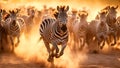 A group of zebras gallops across the African landscape, Generative AI