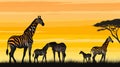 a group of zebras standing in a field at sunset
