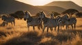 A Herd of Zebras Grazing in the African Savannah at Sunset, Beautiful Sunlight Scenery Royalty Free Stock Photo