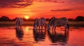 a group of zebras standing in the water at sunset. generative ai