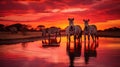 a group of zebras standing in the water at sunset. generative ai