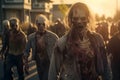 group of zombie at small town street at sunset or sunrise, neural network generated photorealistic image