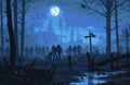 A group of zombies are walking through a forest, with a large moon in the background Royalty Free Stock Photo