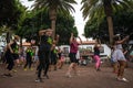 Group Zumba fitness dance class in the public city park Parque Plaza Del Charco