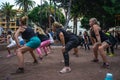 Group Zumba fitness dance class in the public city park Parque Plaza Del Charco